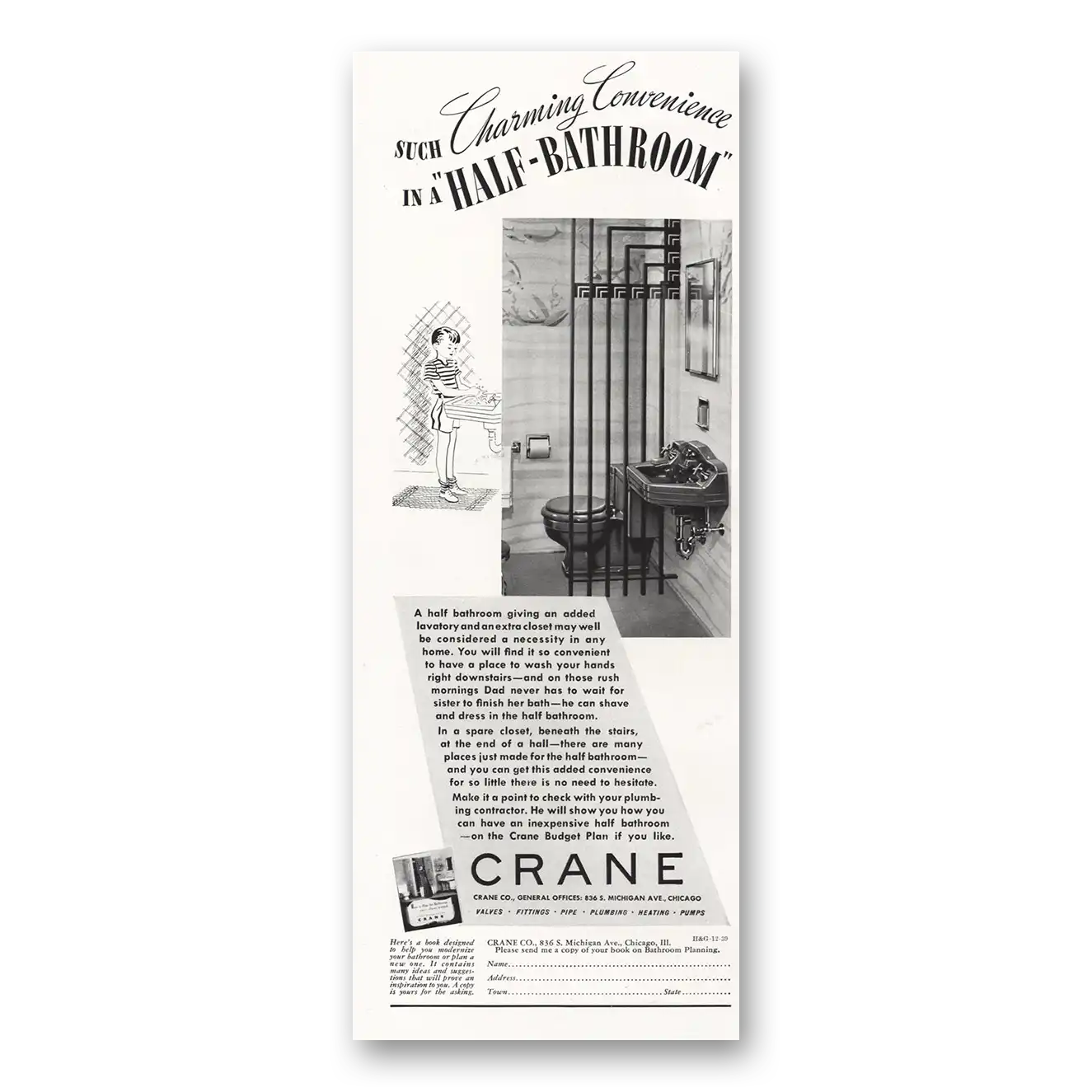 1939 Crane Charming Convenience Half Bathroom Vintage Magazine Print Ad