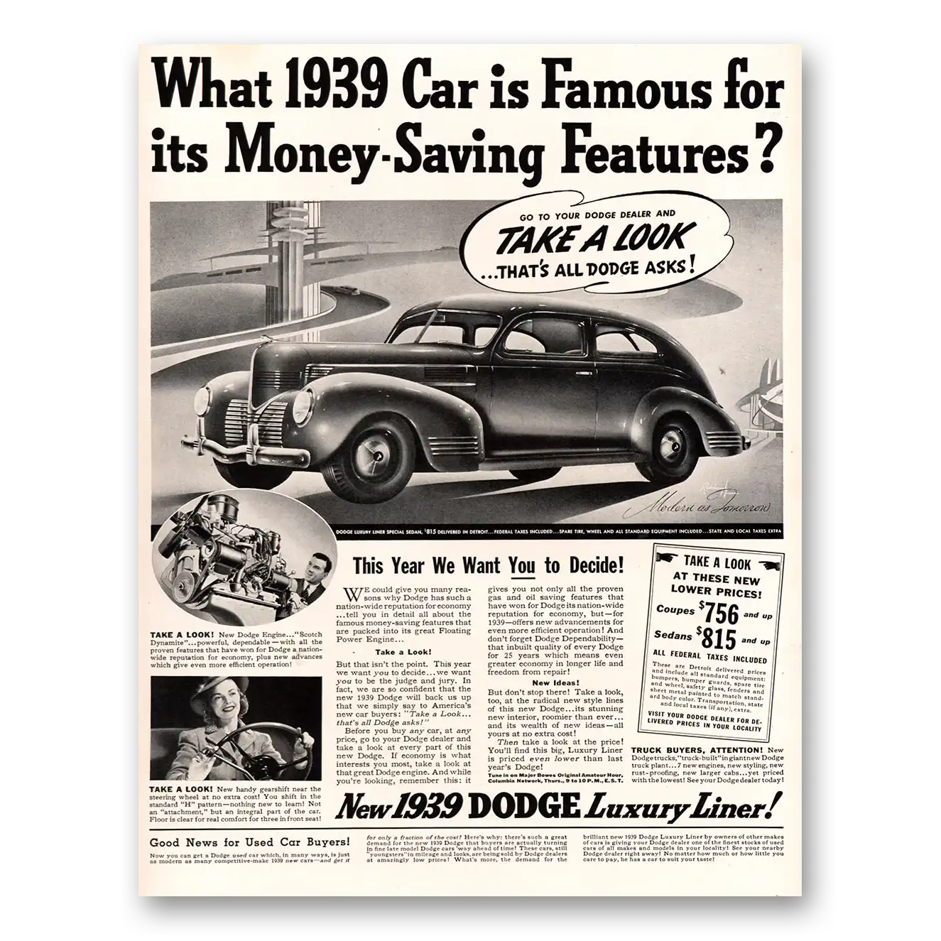 1939 Dodge Take Look That’s All Dodge Asks Vintage Magazine Print Ad