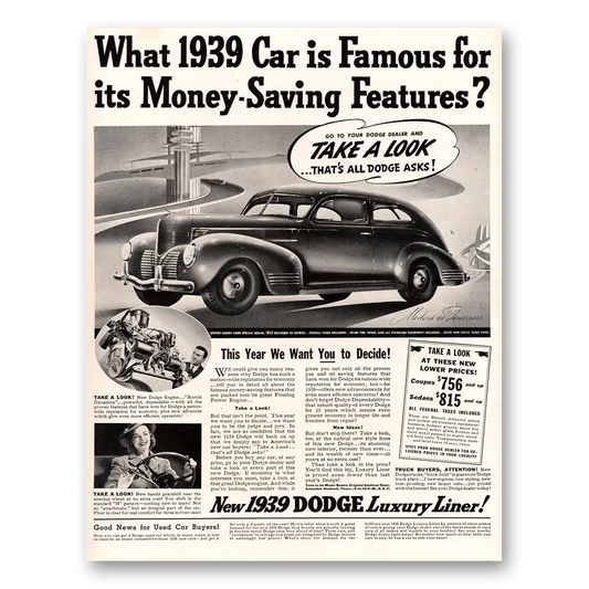 1939 Dodge Take Look That’s All Dodge Asks Vintage Magazine Print Ad