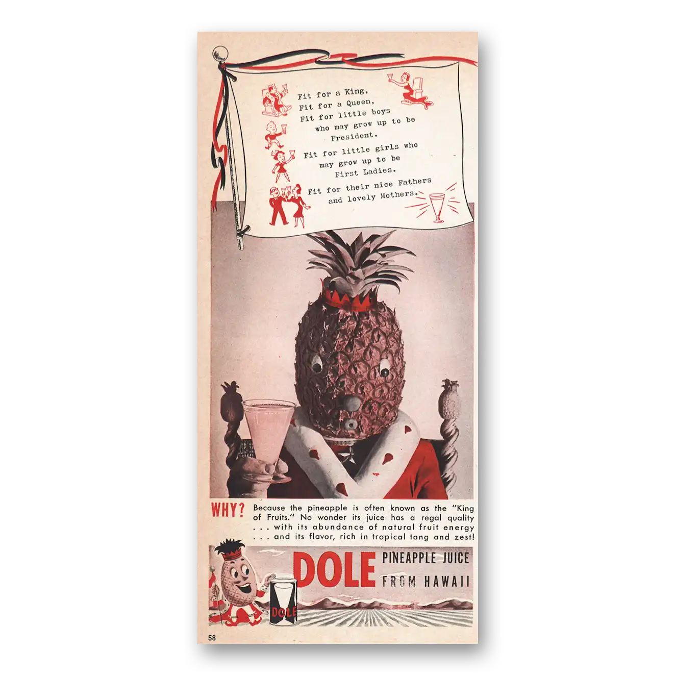 1939 Dole Pineapple Juice Fit For a King Vintage Magazine Print Ad