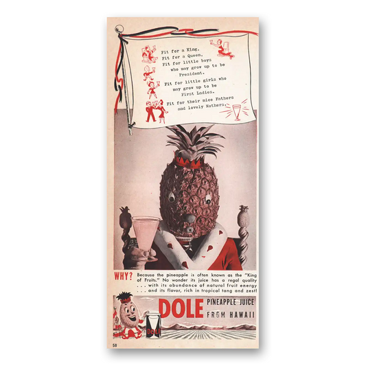 1939 Dole Pineapple Juice Fit For a King Vintage Magazine Print Ad