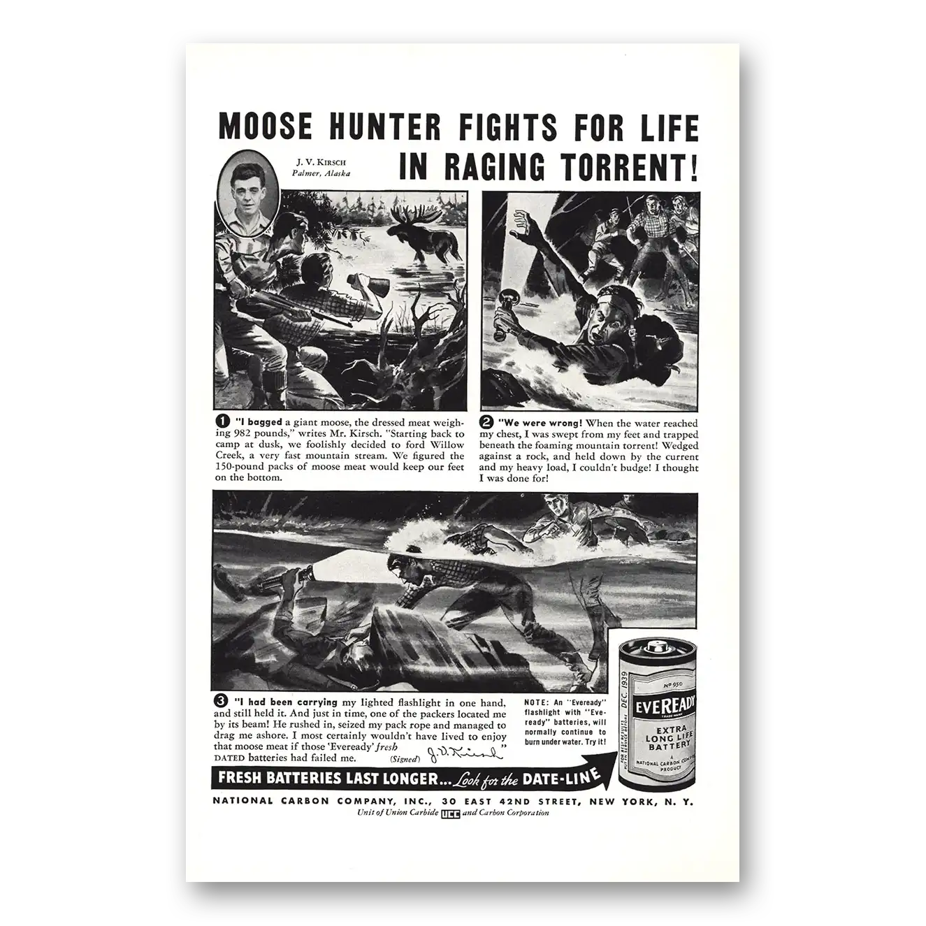 1939 Eveready Batteries Moose Hunter Fights for Life Vintage Magazine Print Ad