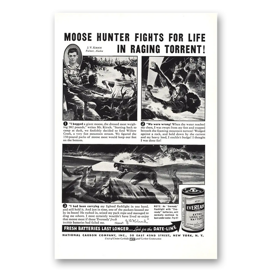 1939 Eveready Batteries Moose Hunter Fights for Life Vintage Magazine Print Ad