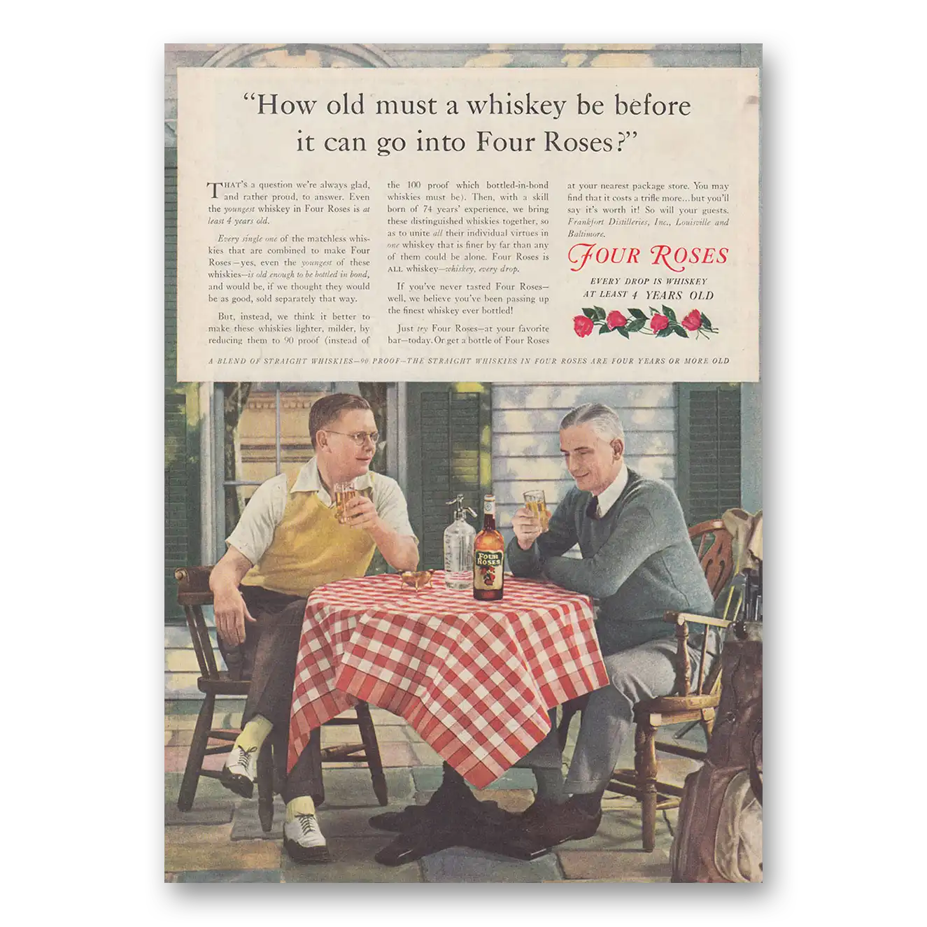 1939 Four Roses How Old Must a Whiskey Be Vintage Magazine Print Ad