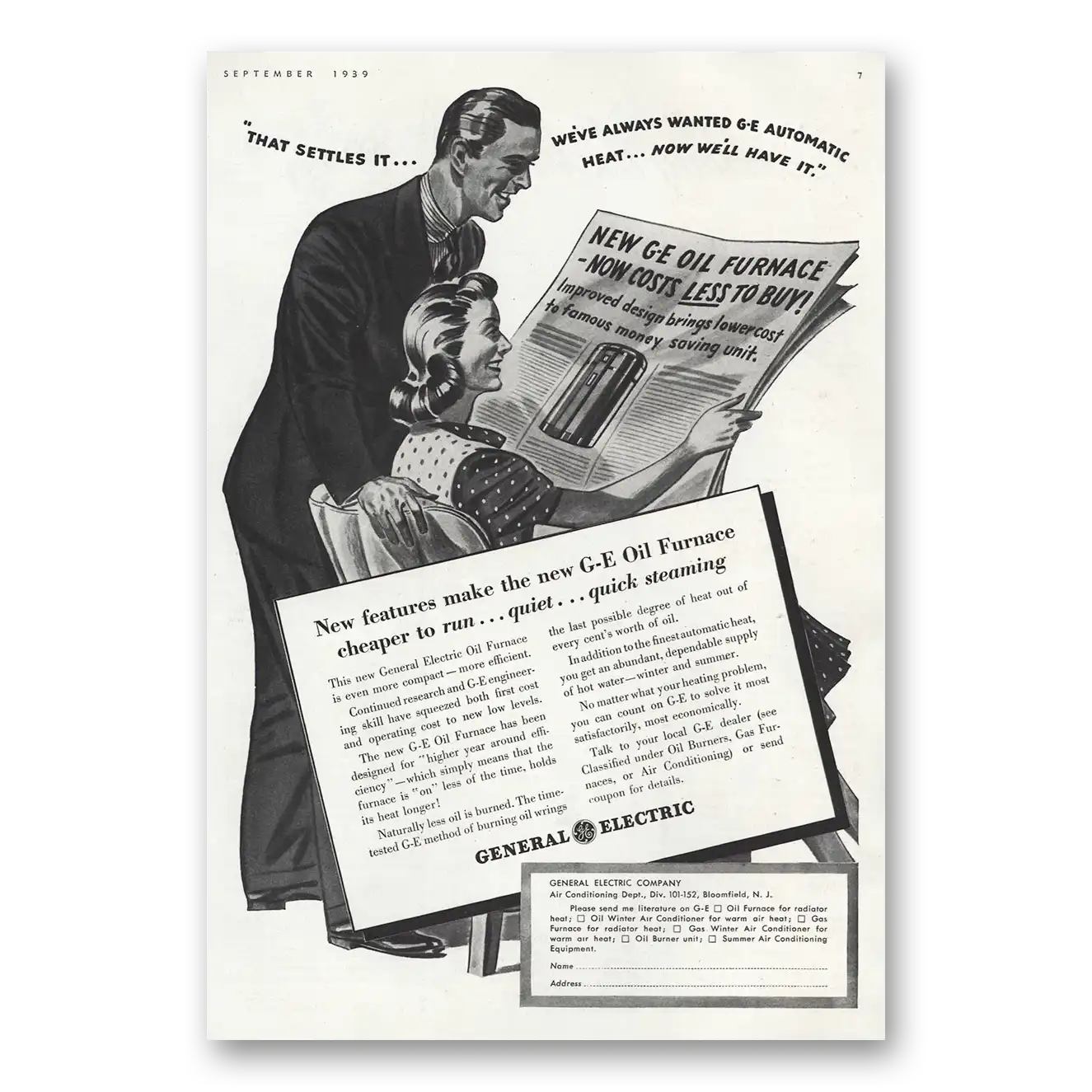 1939 General Electric Oil Furnace Vintage Magazine Print Ad