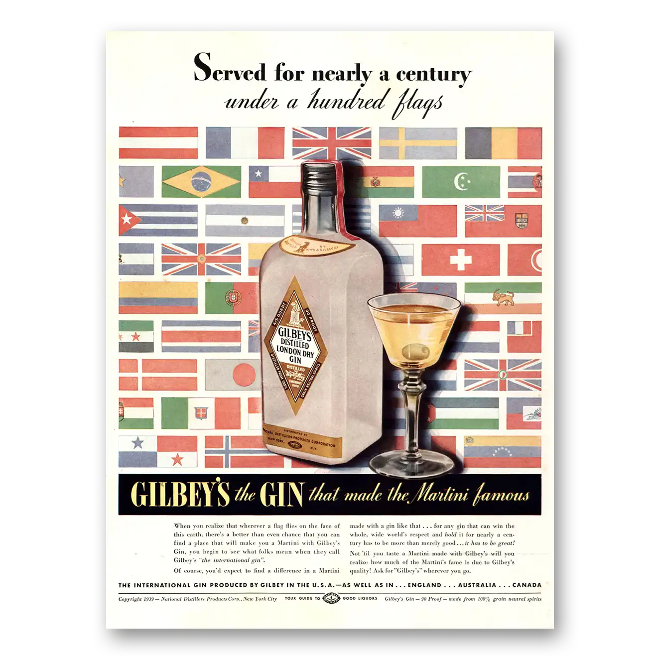 1939 Gilbeys Gin Served For Nearly a Century Under a Hundred Flags Vintage Magazine Print Ad