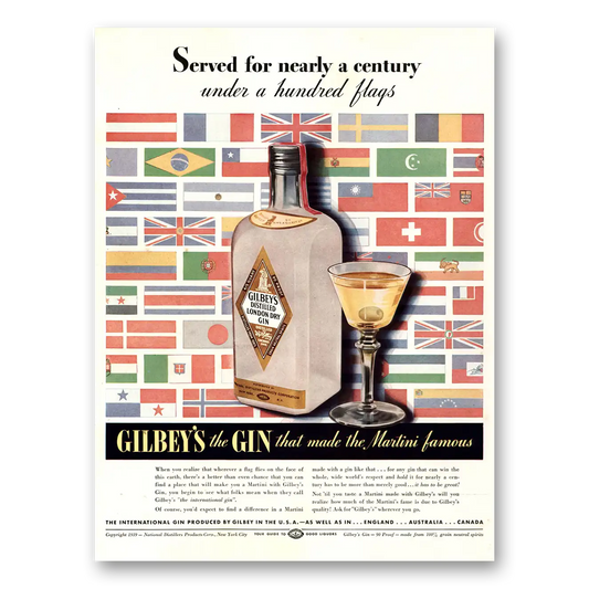 1939 Gilbeys Gin Served For Nearly a Century Under a Hundred Flags Vintage Magazine Print Ad