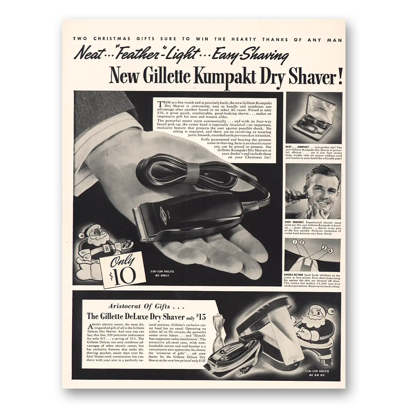 1939 Gillette Kumpakt Dry Shaver Feather Light Vintage Magazine Print Ad