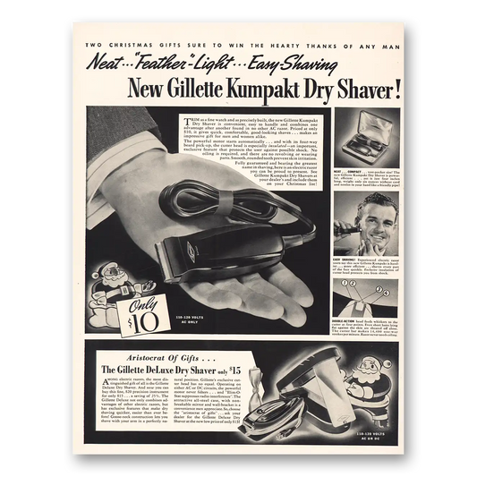 1939 Gillette Kumpakt Dry Shaver Feather Light Vintage Magazine Print Ad