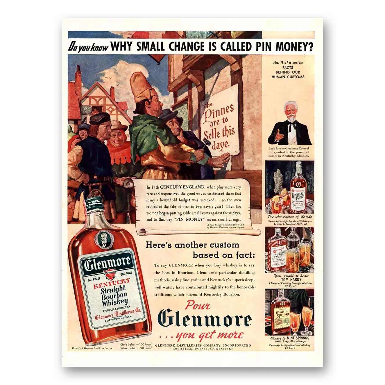 1939 Glenmore Whiskey Small Change Is Called Pin Money Vintage Magazine Print Ad