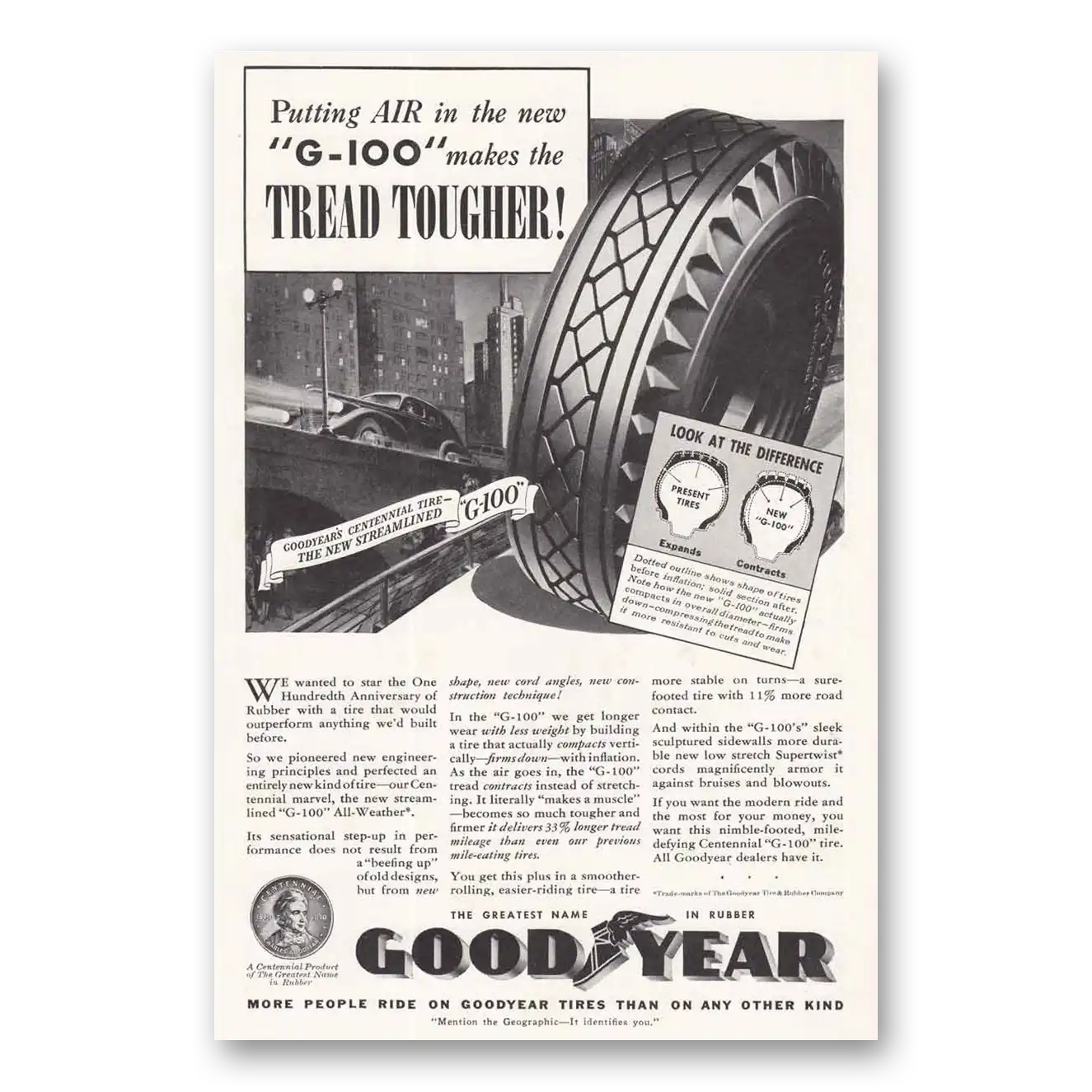 1939 Goodyear Tires G100 Thread Tougher Vintage Magazine Print Ad