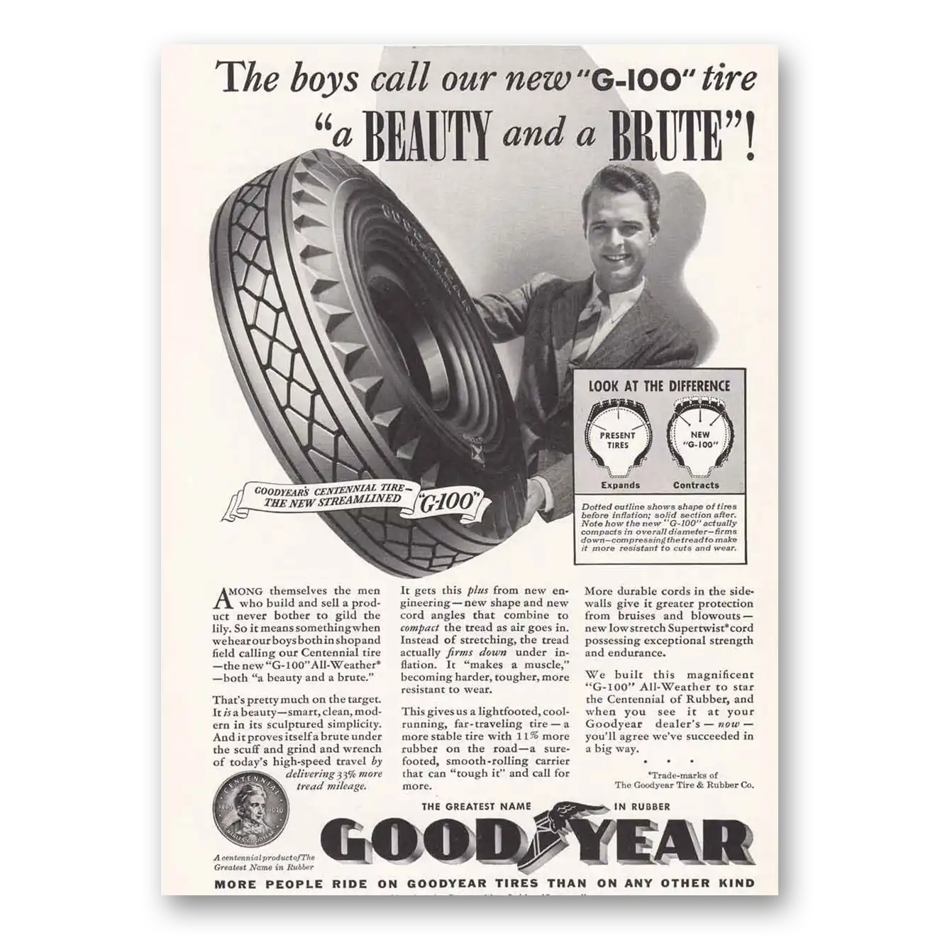 1939 Goodyear Tires G100 Tire Beauty and a Brute Vintage Magazine Print Ad