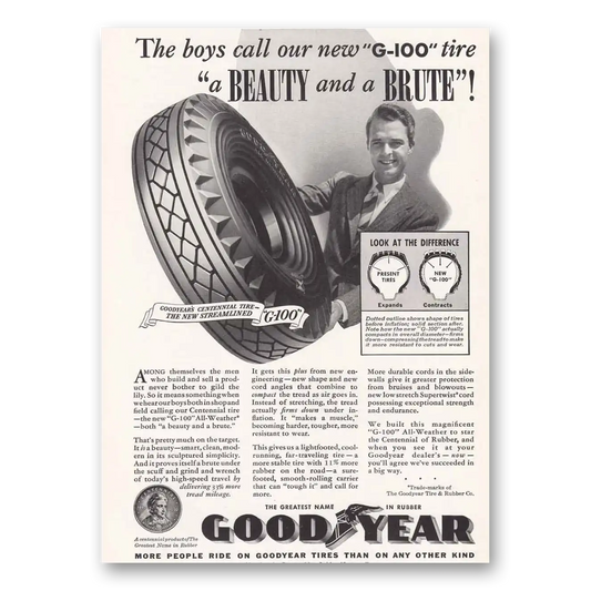 1939 Goodyear Tires G100 Tire Beauty and a Brute Vintage Magazine Print Ad