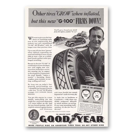 1939 Goodyear Tires G100 Tires Other Tires Grow When Inflated Vintage Magazine Print Ad