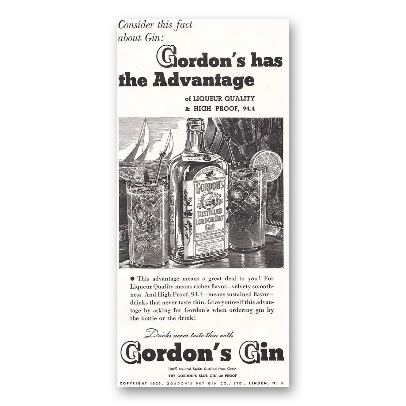 1939 Gordons Gin Has the Advantage Vintage Magazine Print Ad