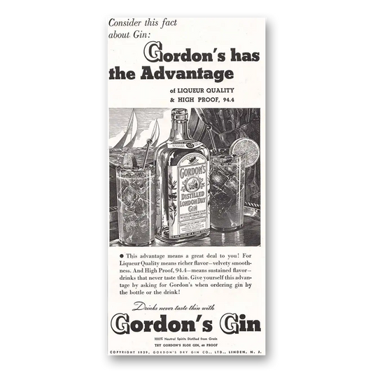 1939 Gordons Gin Has the Advantage Vintage Magazine Print Ad