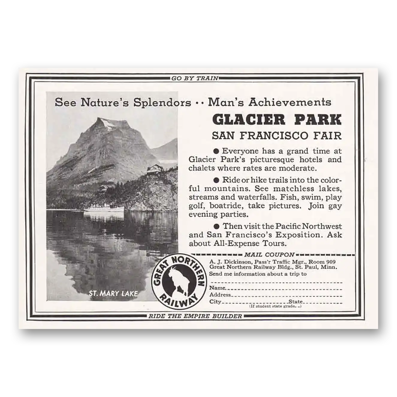 1939 Great Northern Railway Glacier Park San Francisco Vintage Magazine Print Ad