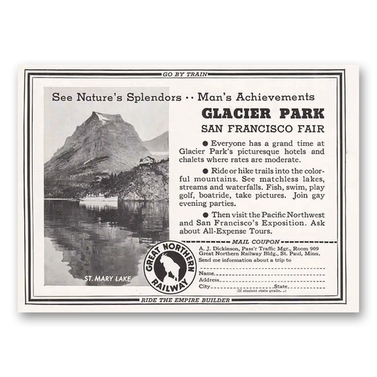 1939 Great Northern Railway Glacier Park San Francisco Vintage Magazine Print Ad