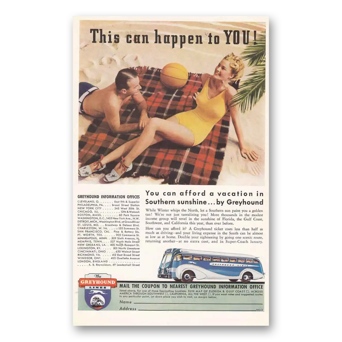 1939 Greyhound This Can Happen to You Beach Vintage Magazine Print Ad