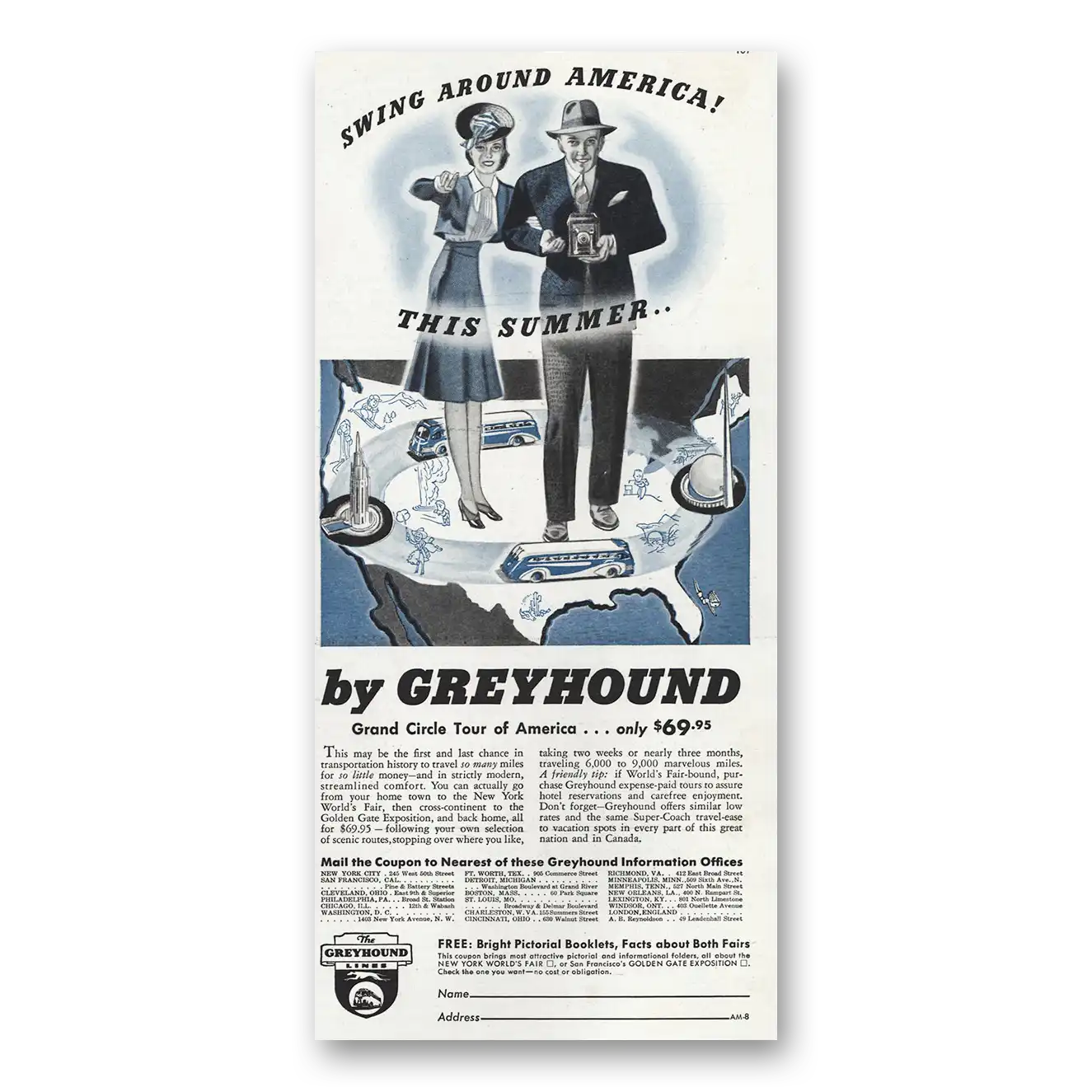 1939 Greyhound Swing Around America Vintage Magazine Print Ad