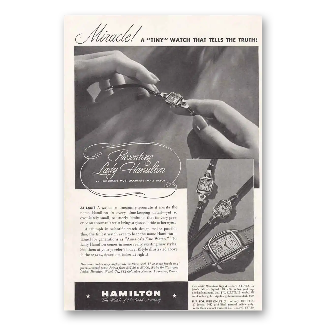 1939 Hamilton Watch Miracle Tiny Watch That Tells the Truth Vintage Magazine Print Ad