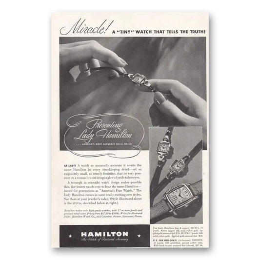 1939 Hamilton Watch Miracle Tiny Watch That Tells the Truth Vintage Magazine Print Ad