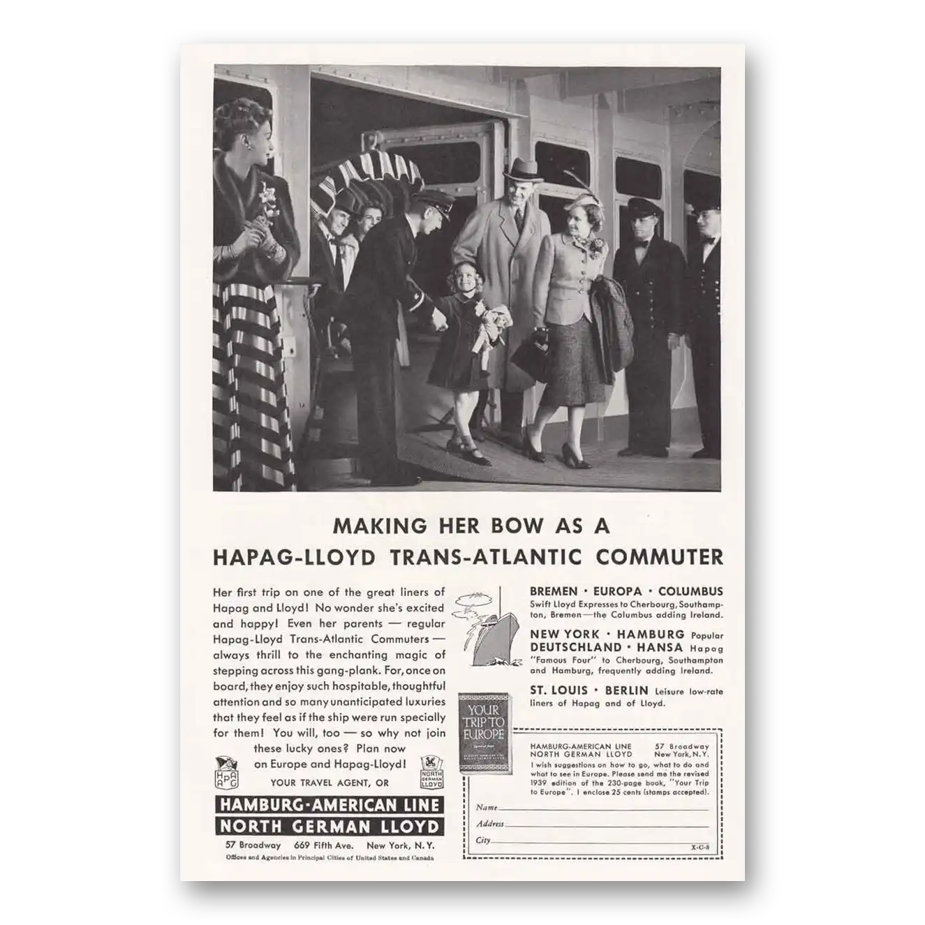 1939 Hamburg American Line Making Her Bow as a Hapag Lloyd Vintage Magazine Print Ad