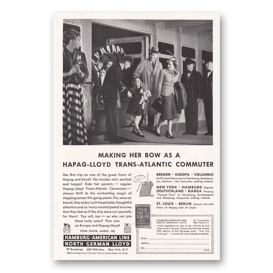 1939 Hamburg American Line Making Her Bow as a Hapag Lloyd Vintage Magazine Print Ad