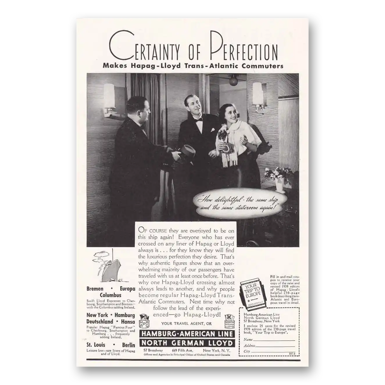 1939 Hamburg American Line North German Certainty of Perfection Vintage Magazine Print Ad