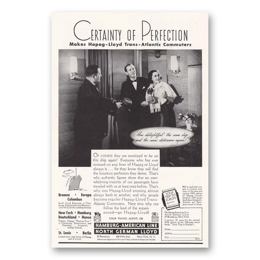 1939 Hamburg American Line North German Certainty of Perfection Vintage Magazine Print Ad