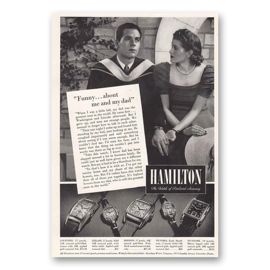 1939 Hamilton Watch Funny About Me and My Dad Vintage Magazine Print Ad