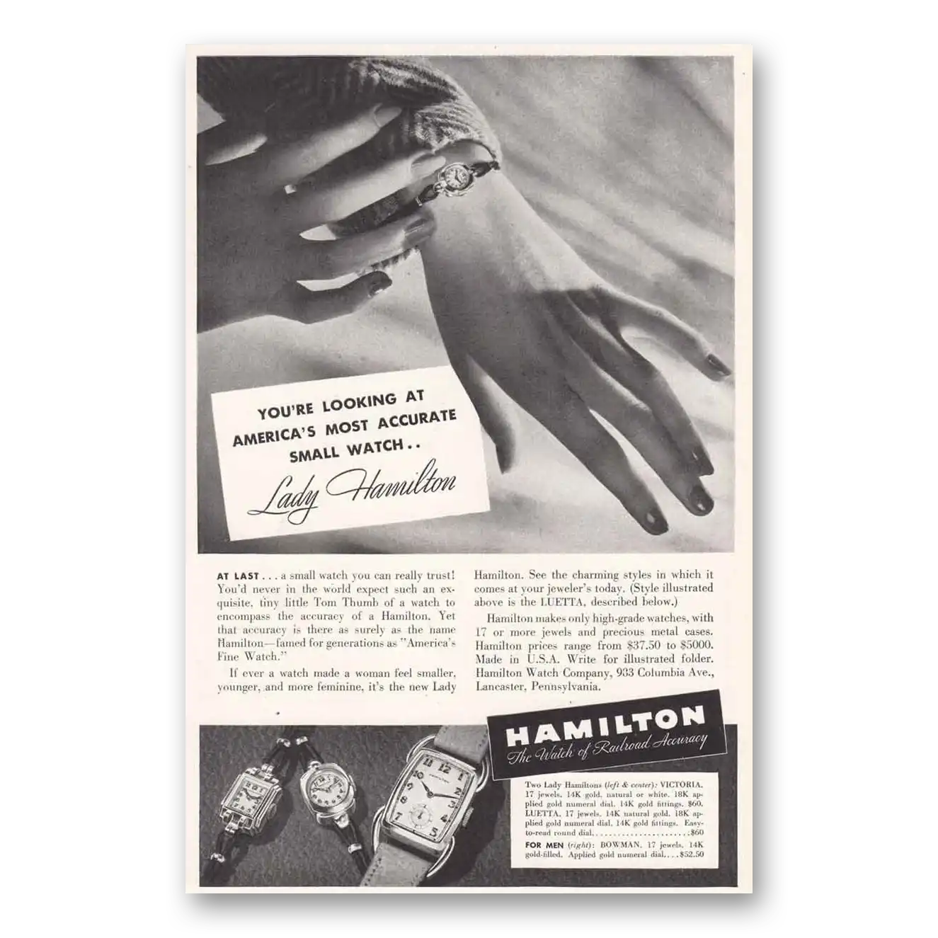 1939 Hamilton Watch Lady Hamilton Watch Most Accurate Small Watch Vintage Magazine Print Ad