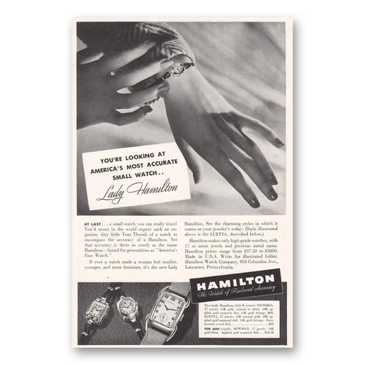 1939 Hamilton Watch Lady Hamilton Watch Most Accurate Small Watch Vintage Magazine Print Ad