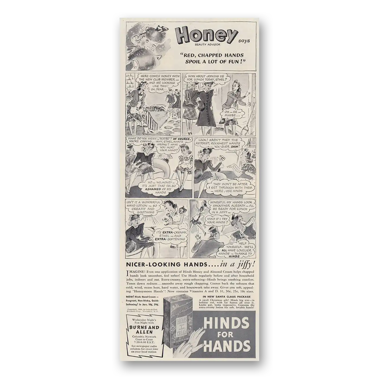 1939 Hinds for Hands Honey Says Red Chapped Hands Vintage Magazine Print Ad