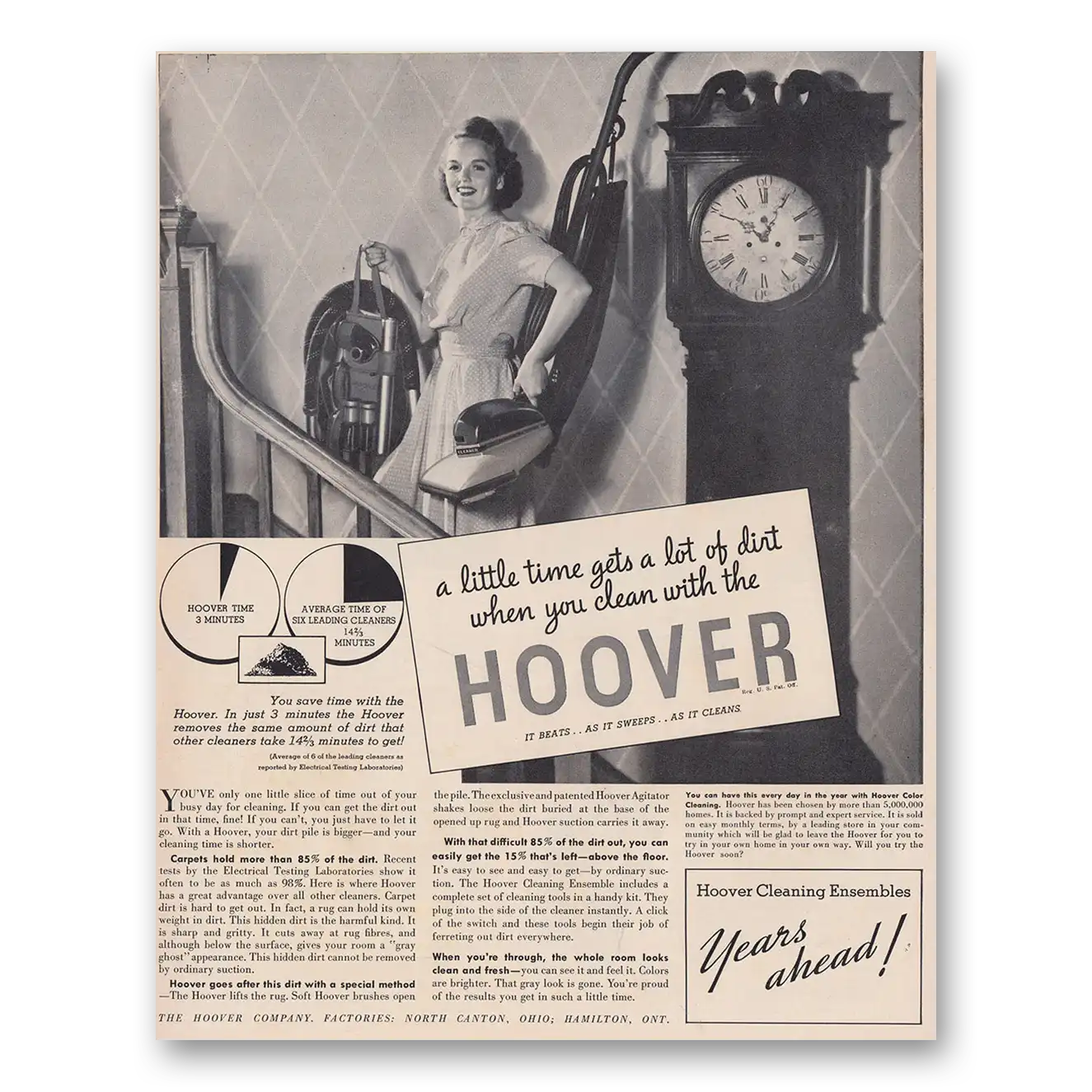 1939 Hoover Vacuum Little Time Gets A Lot of Dirt Vintage Magazine Print Ad