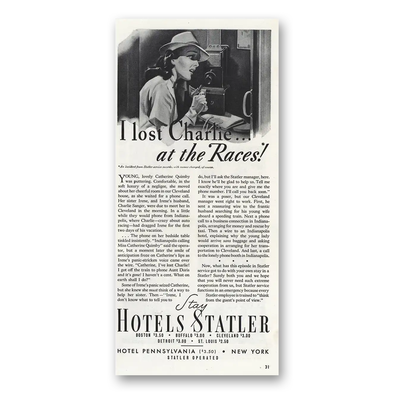 1939 Hotel Pennsylvania Lost Charlie at the Races Vintage Magazine Print Ad