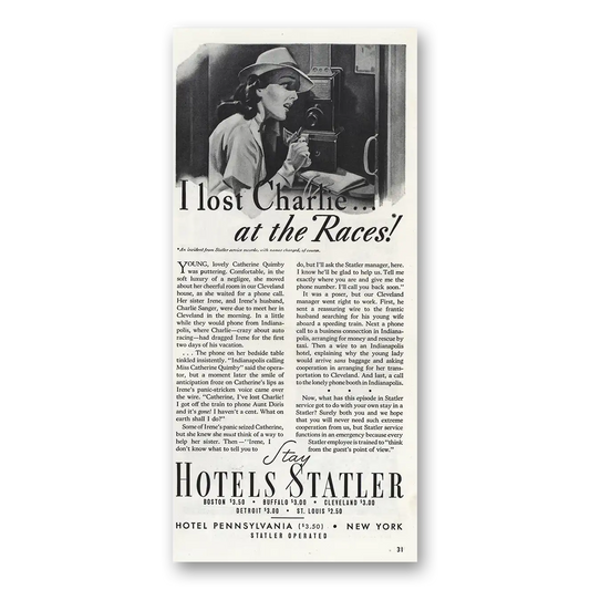 1939 Hotel Pennsylvania Lost Charlie at the Races Vintage Magazine Print Ad