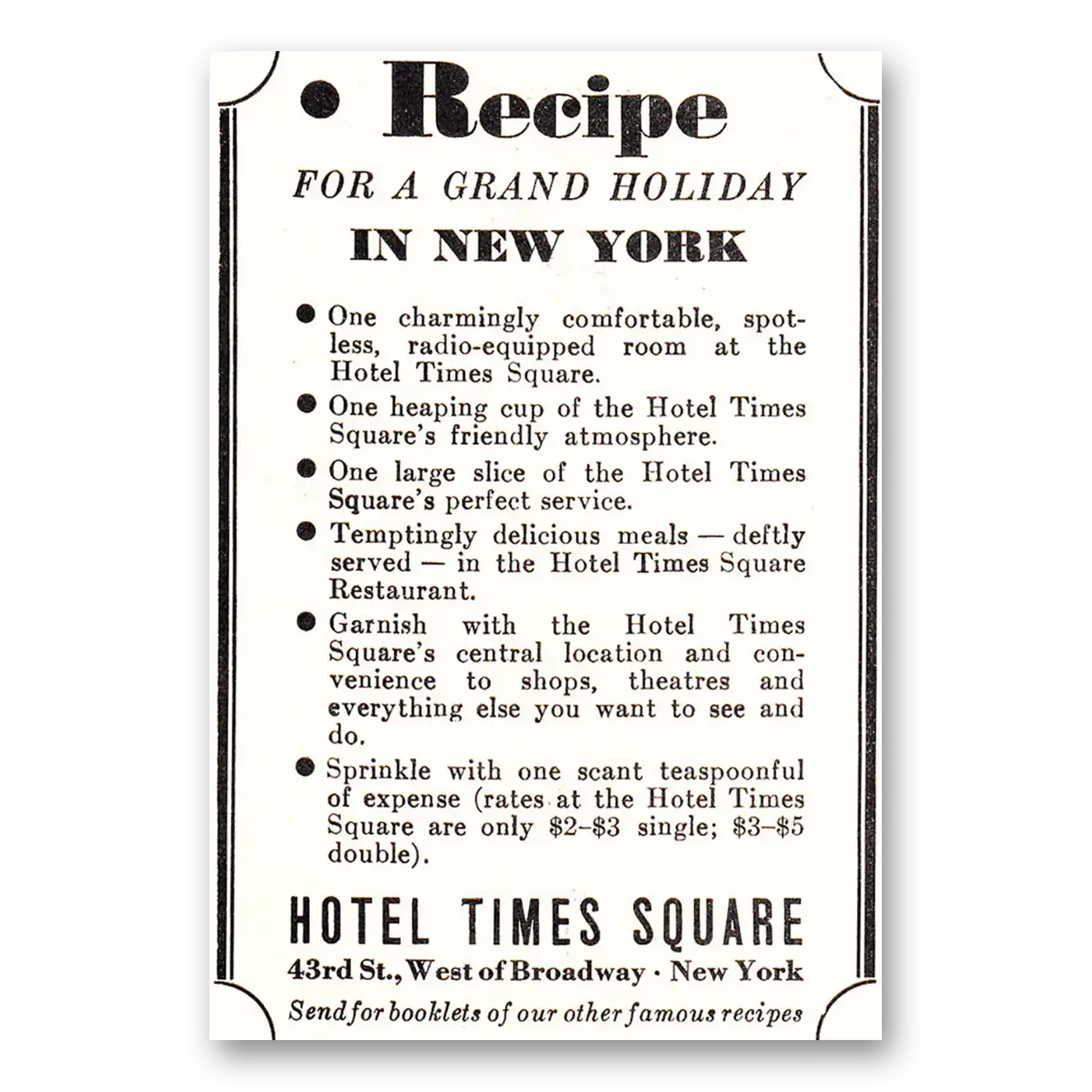 1939 Hotel Times Square Grand Holiday in New York Vintage Magazine Print Ad