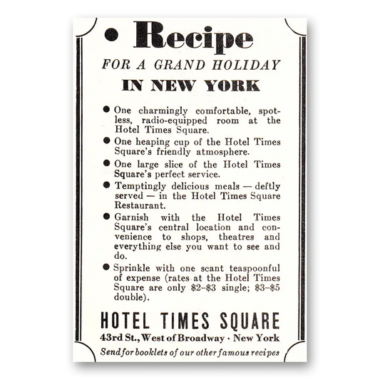 1939 Hotel Times Square Grand Holiday in New York Vintage Magazine Print Ad