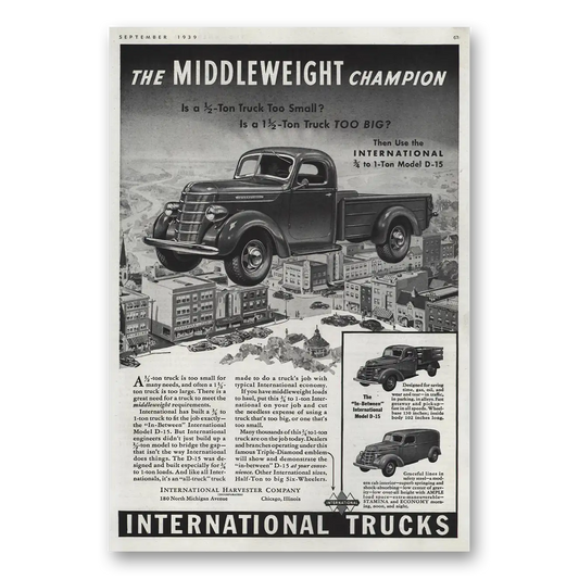 1939 International Trucks Middleweight Champion Vintage Magazine Print Ad