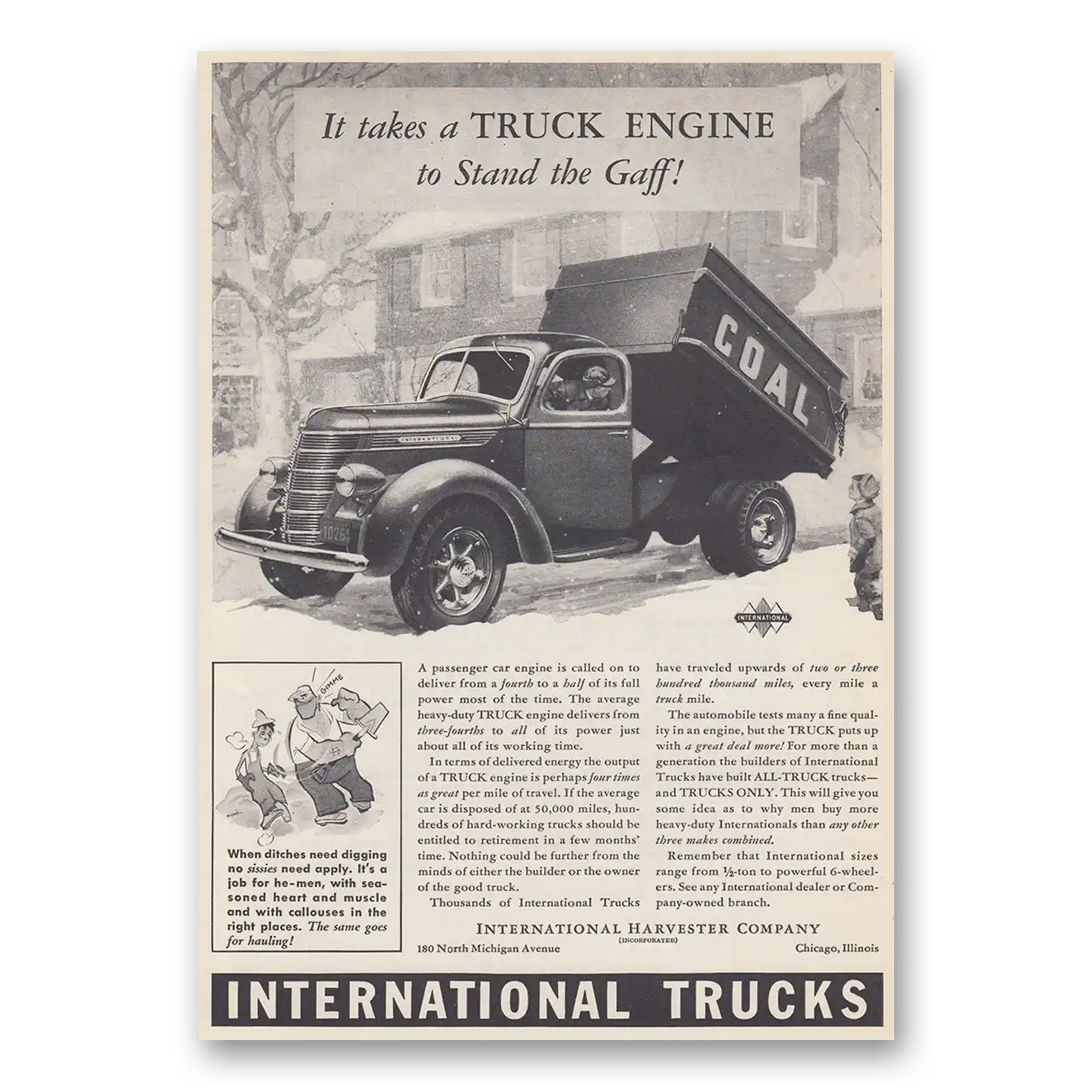 1939 International Trucks Takes a Truck Engine to Stand the Gaff Vintage Magazine Print Ad