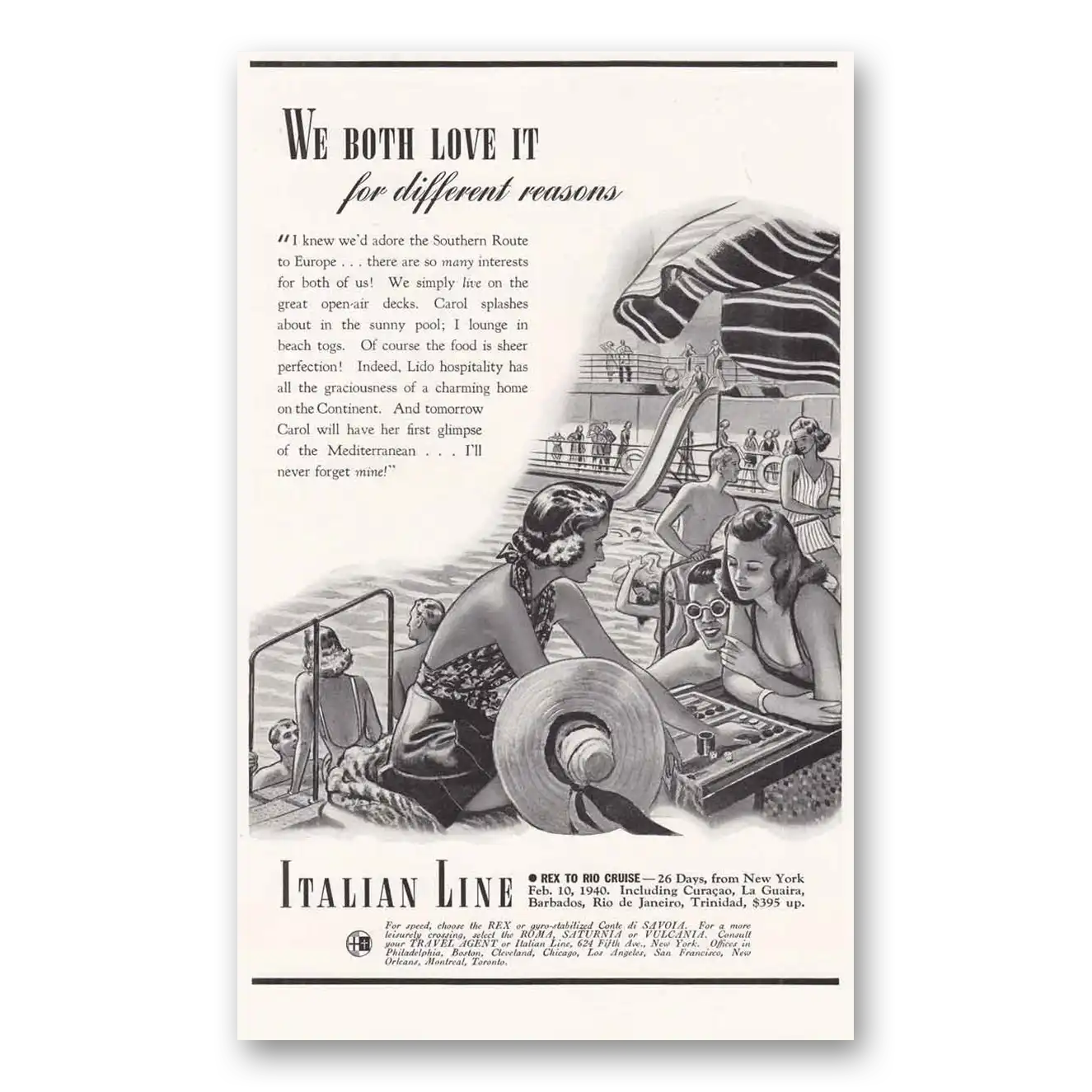 1939 Italian Line We Both Love It for Different Reasons Vintage Magazine Print Ad