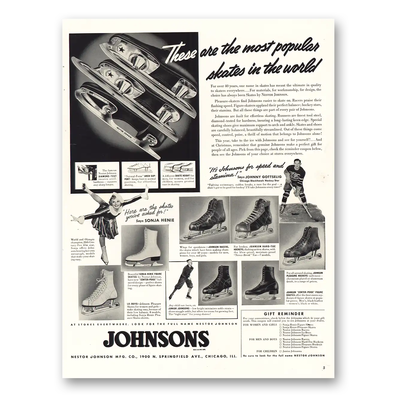 1939 Johnsons Ice Skates Most Popular Skates in the World Vintage Magazine Print Ad