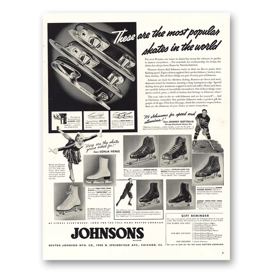 1939 Johnsons Ice Skates Most Popular Skates in the World Vintage Magazine Print Ad