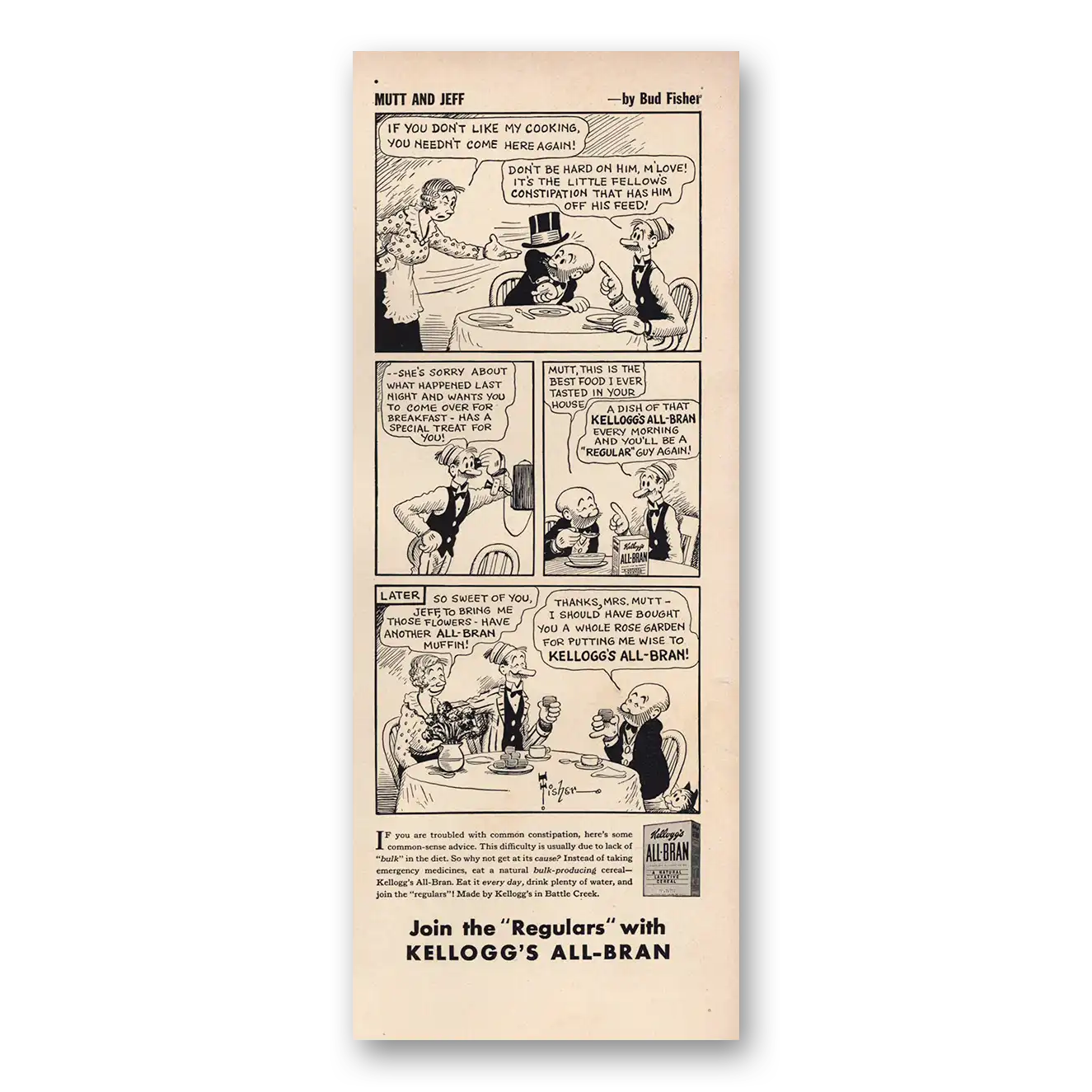 1939 Kelloggs All Bran Cereal Mutt and Jeff Vintage Magazine Print Ad