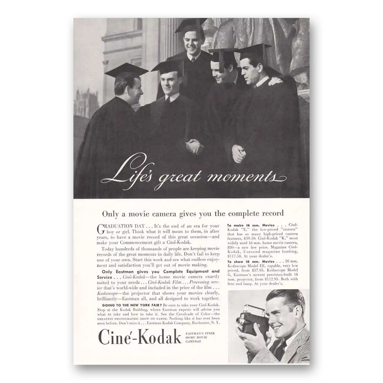 1939 Cine Kodak K Camera Graduation Day End of Era Vintage Magazine Print Ad