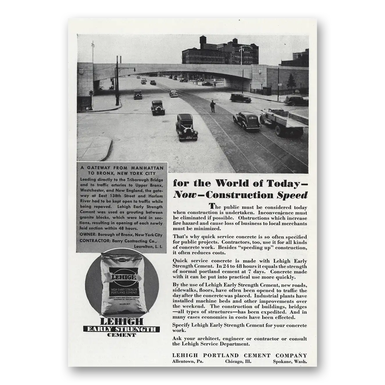 1939 Lehigh Cements World of Today Construction Speed Vintage Magazine Print Ad