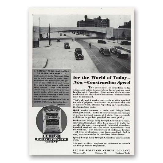 1939 Lehigh Cements World of Today Construction Speed Vintage Magazine Print Ad