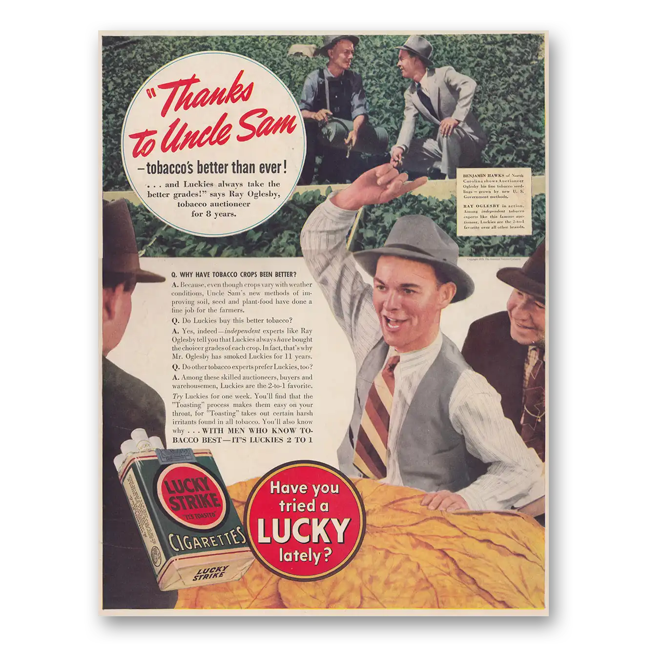 1939 Lucky Strike Cigarettes Thanks to Uncle Sam Vintage Magazine Print Ad