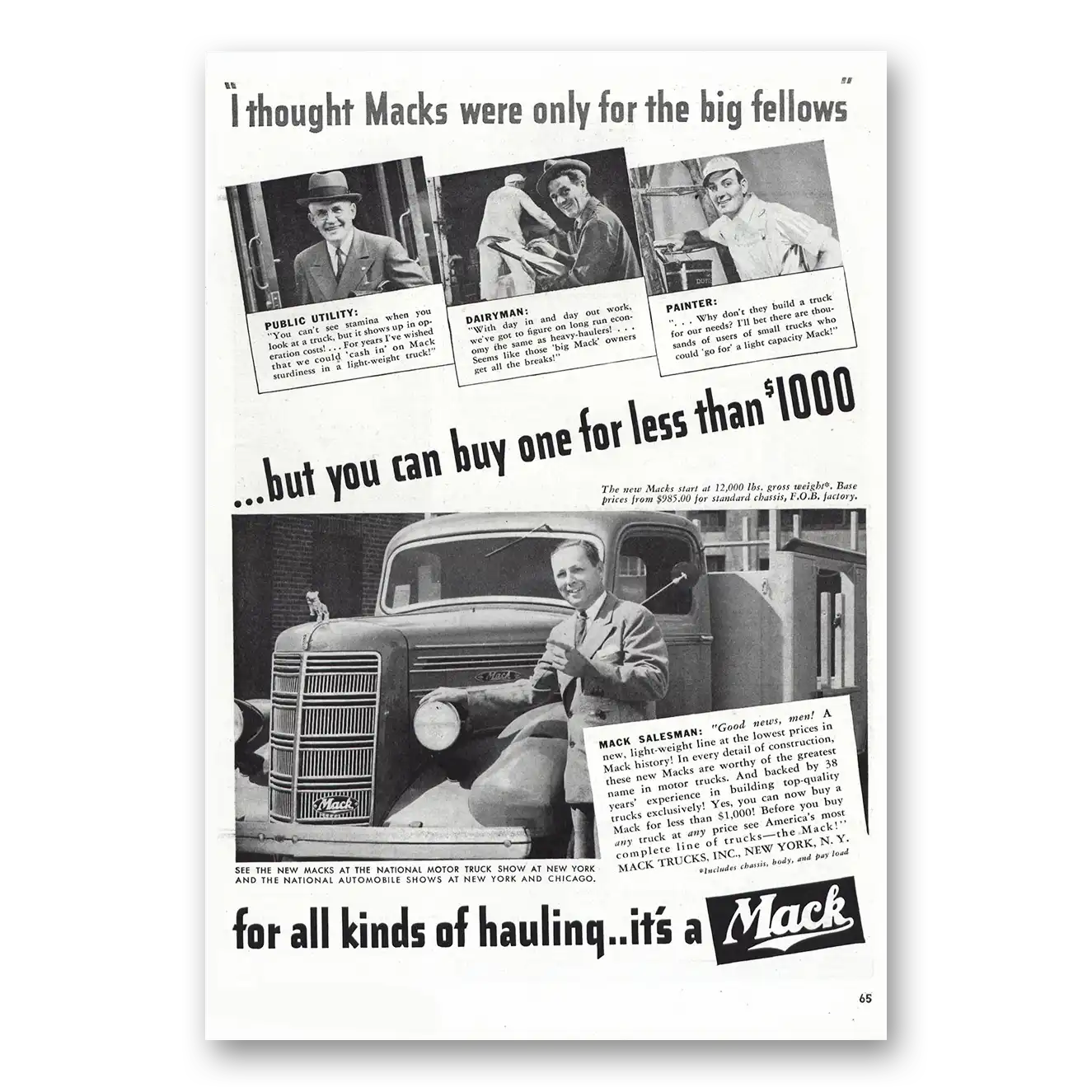 1939 Mack Trucks Thought Macks Were Only Big Fellows Vintage Magazine Print Ad